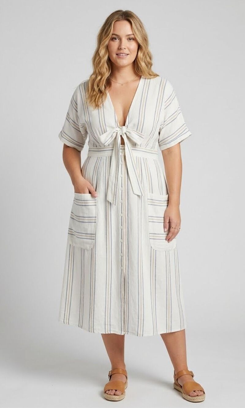 Happy x Nature Striped Linen Blend Serene Dress Size 14